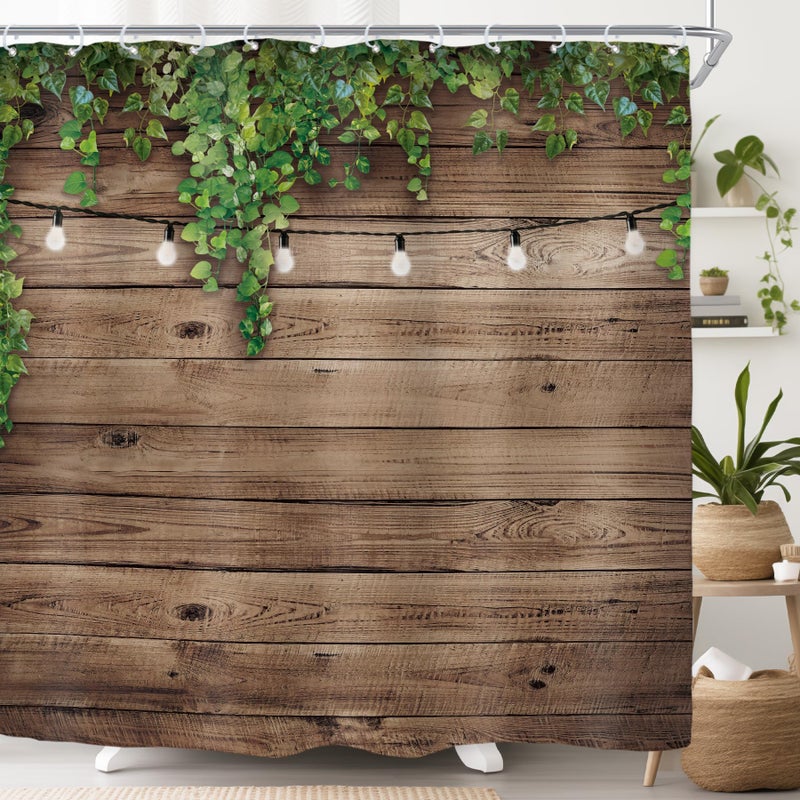 Riyidecor Extra Wide Wooden Clawfoot Tub Fabric Shower Curtain 108Wx72H Inch Rustic Wood Green Leaves 18 Pack Metal Hooks Western Farmhouse Brown Wall Board Bathroom Home Decor Waterproof Polyester - Image 1